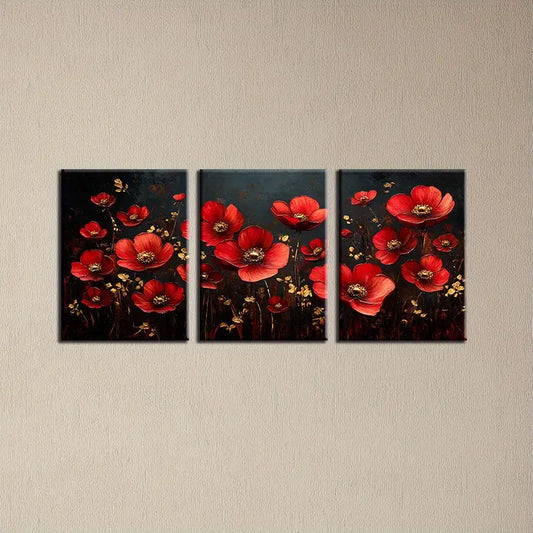 3pcs Romantic Flower Garden Design Red, Yellow Metal Print Ready to Hang Art
