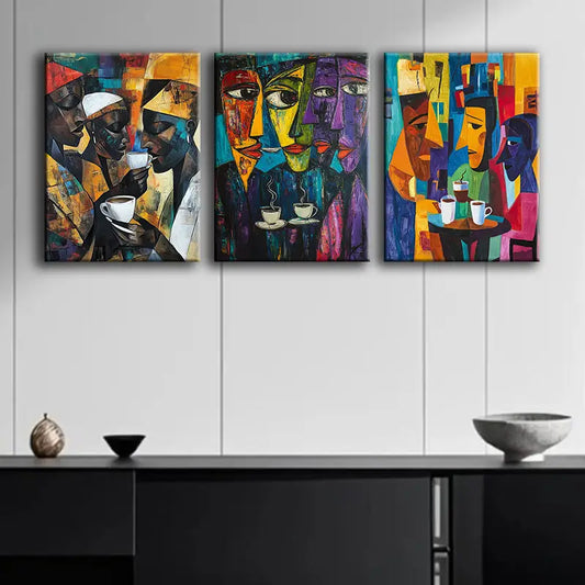 3pcs Abstract Coffee Drinking Scenes Metal Print Ready to Hang Art