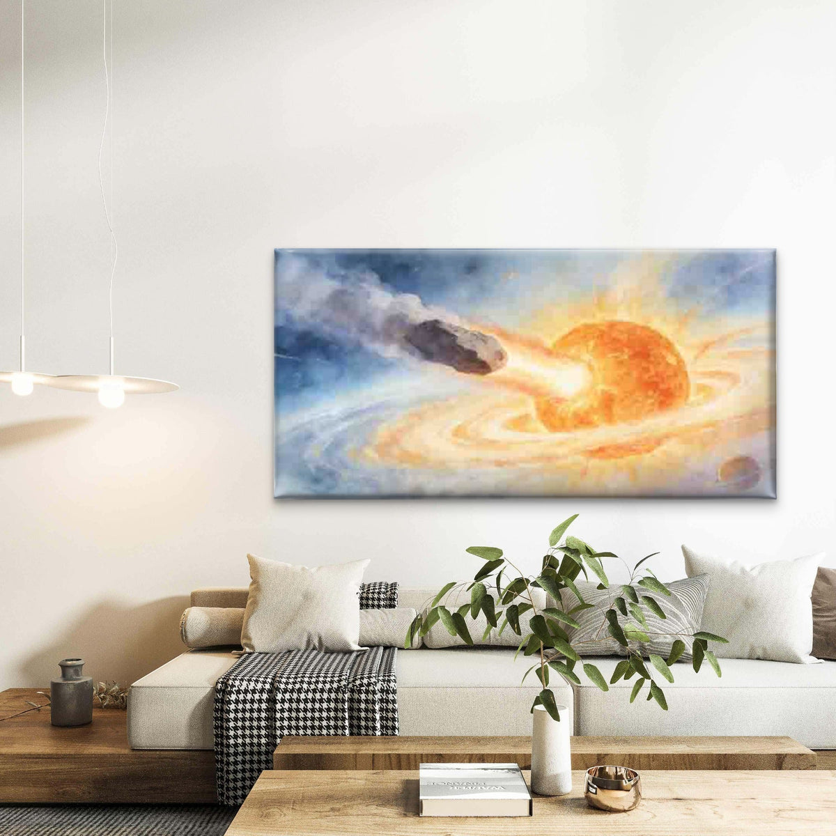 Meteor Impact Fiery Sun Space Wall Art Canvas Office Home Room Framed 80x45cm