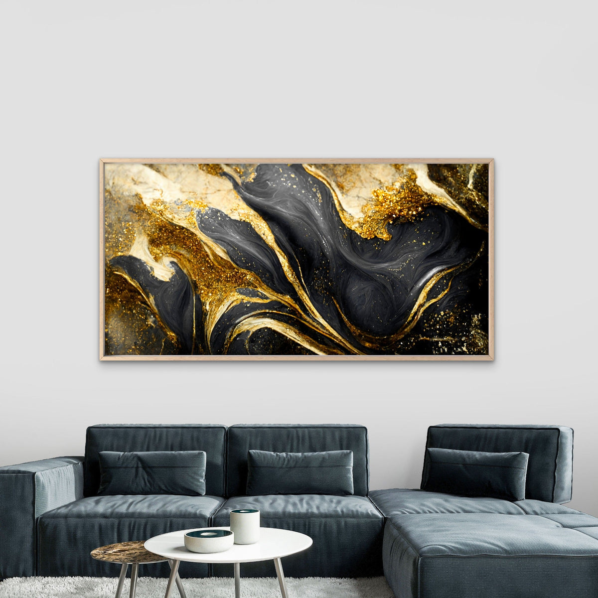Black Gold Marble Swirl Wall Art Canvas Office Home Room Framed 80x45cm