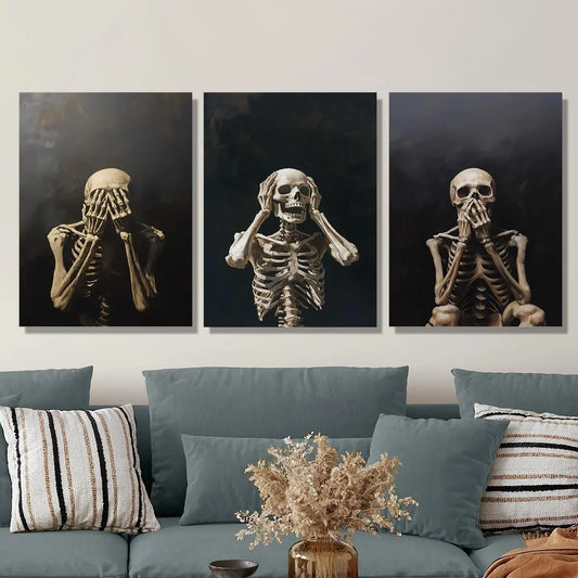 3pcs Featuring Skeletons Creativity, Shyness, And Fear Metal Print Ready to Hang Art