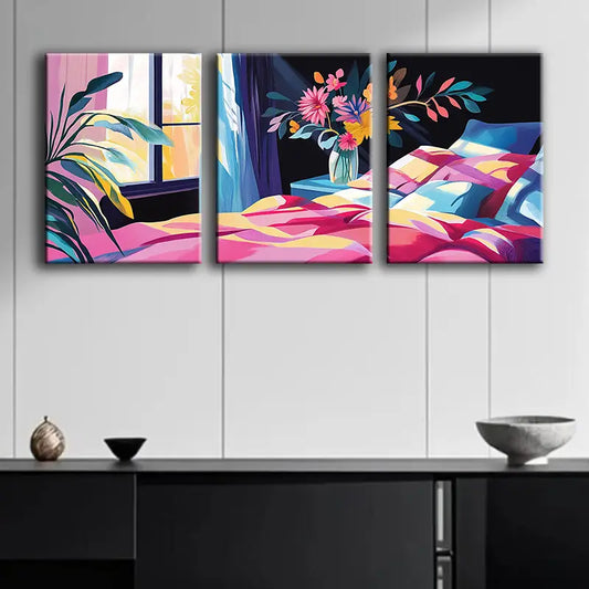 3pcs Illustration of Bedroom with Window Metal Print Ready to Hang Art