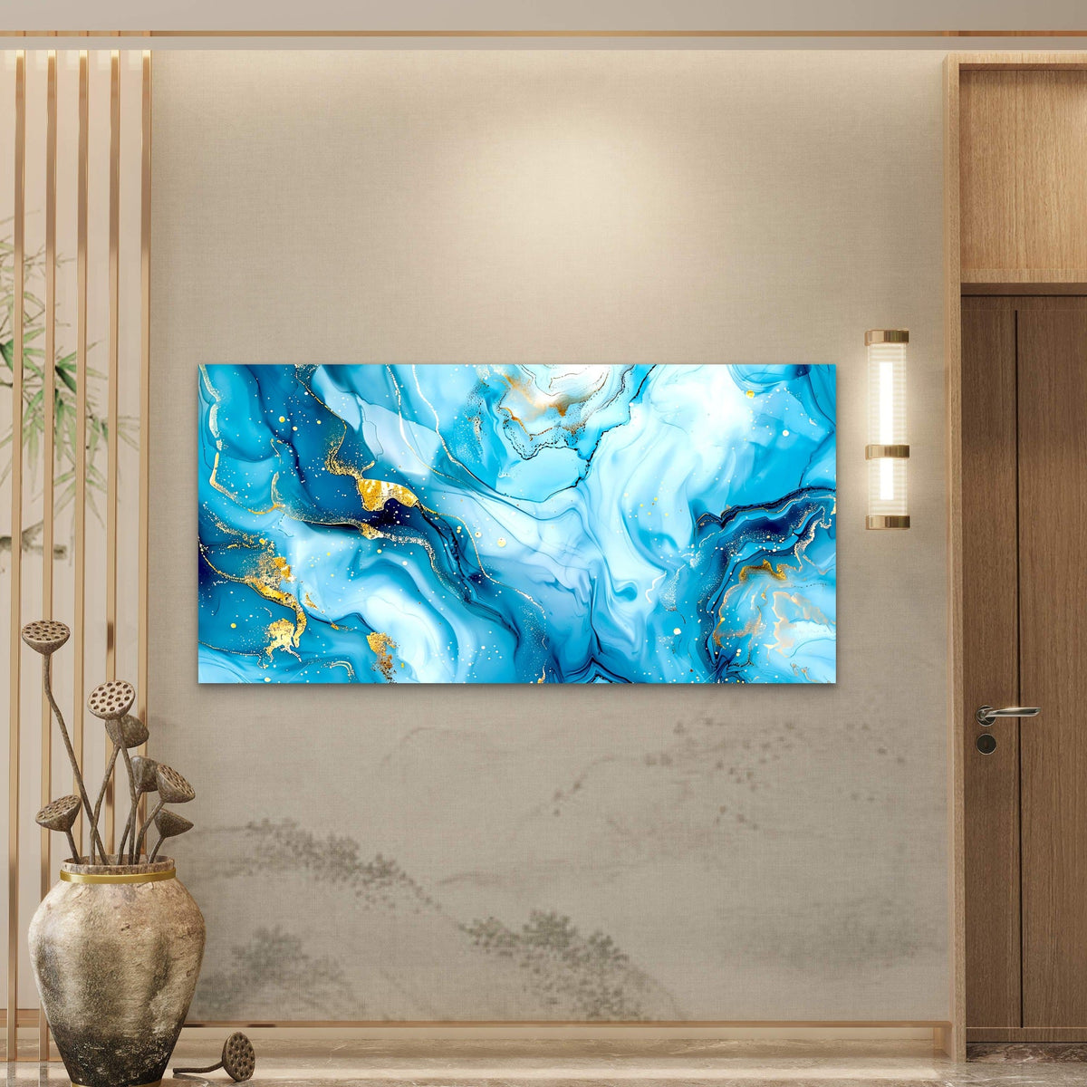 Blue Gold Marble Art Wall Art Canvas Office Home Room Framed 80x45cm