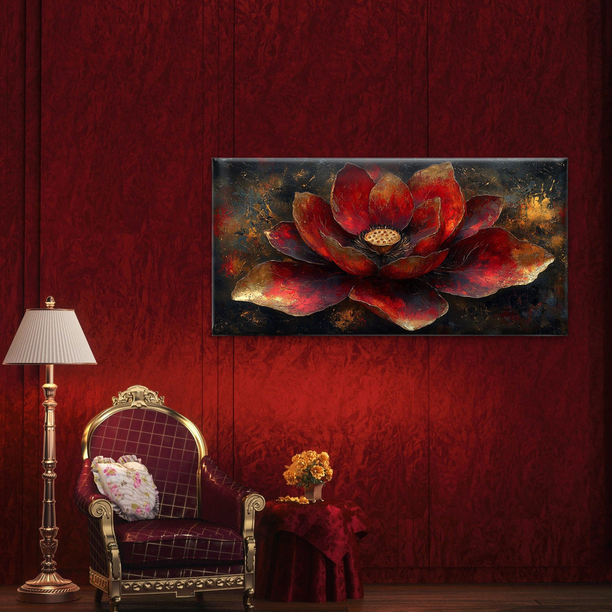 Red Lotus Gold Painting Wall Art Canvas Office Home Room Framed 80x45cm