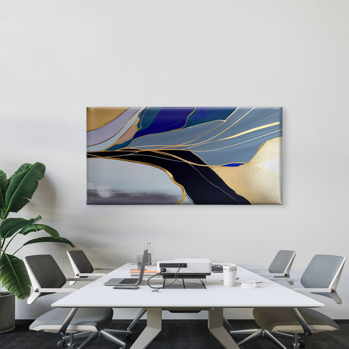 Fluid Gold Abstract Waves Wall Art Canvas Office Home Room Framed 80x45cm