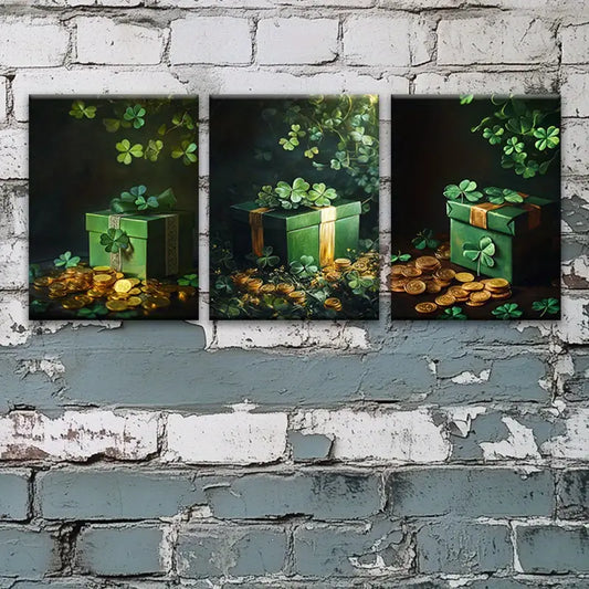 3pcs Lucky Four-Leaf Clover Gift Box Green Metal Print Ready to Hang Art