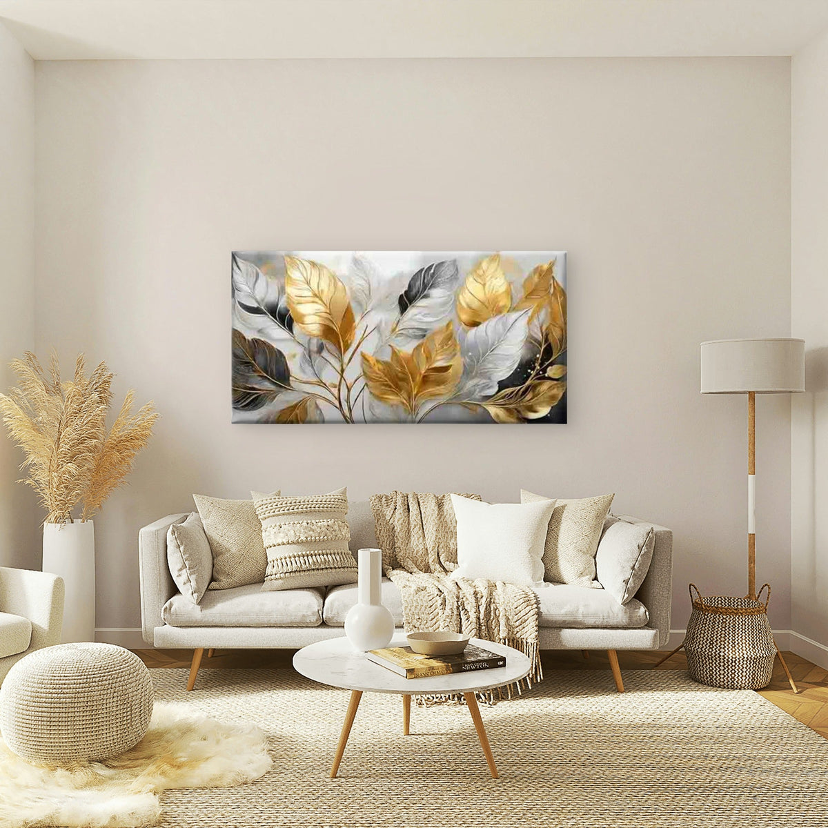 Golden Feathers on a Gray Back Wall Art Canvas Office Home Room Framed 120x60cm