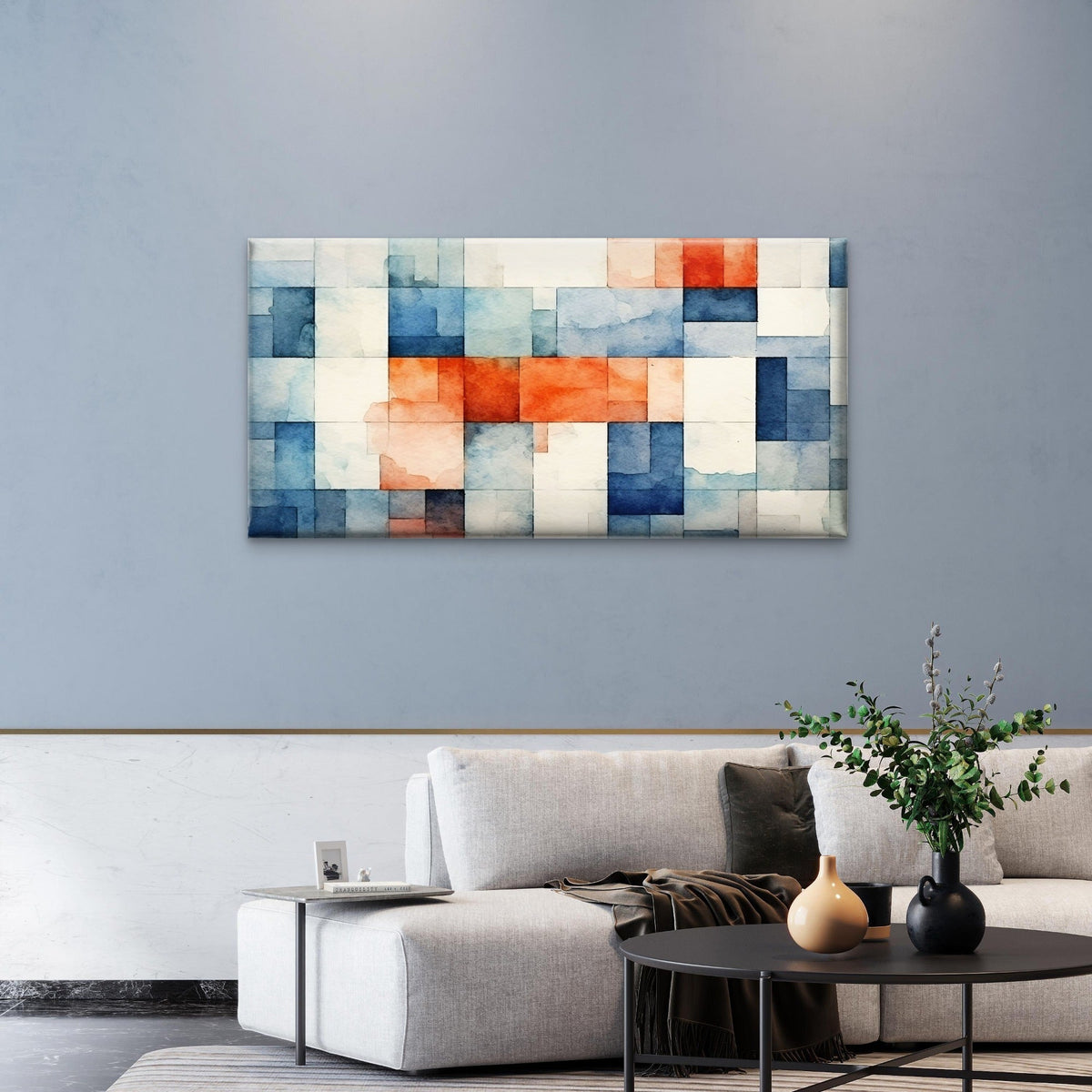 Blue Orange Geometric Mosaic Pattern Wall Art Canvas Office Home Framed 120x60cm