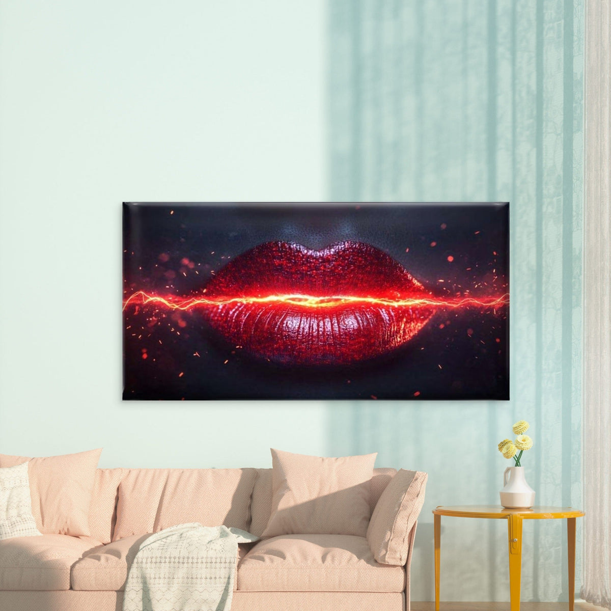 Electric Kiss Abstract Lips Wall Art Canvas Office Home Room Framed 120x60cm
