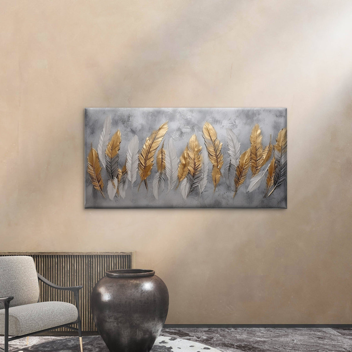 Gold Silver Feather Motif Wall Art Canvas Office Home Room Framed 80x45cm