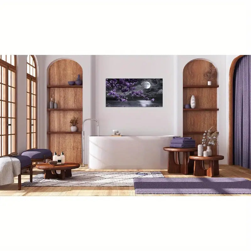 Black & White Night Sea Full Moon & Purple Flowers Calming Nature Wall Art canvas office home room framed 120x60cm
