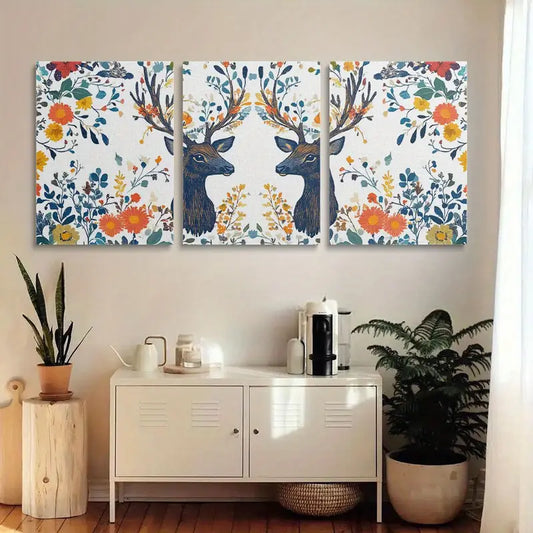 3pcs Elegant pattern featuring two majestic deer Metal Print Ready to Hang Art