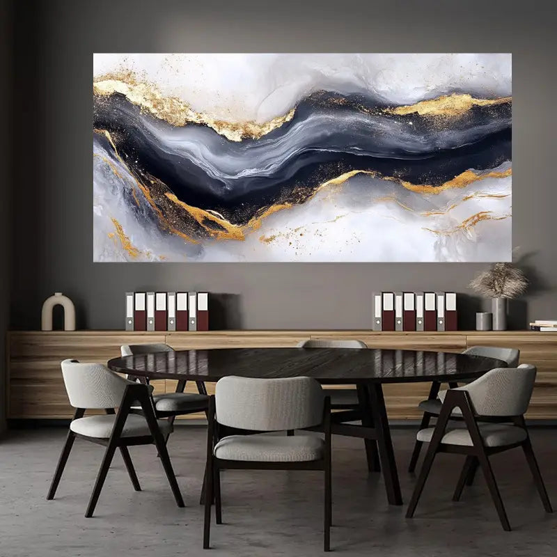 Abstract Black Golden Fluid Painting Wall Art wall canvas office home room framed 80x45cm