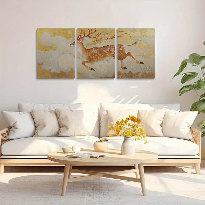3pcs Deer The Auspicious Deer in Dunhuang Metal Print Ready to Hang Art