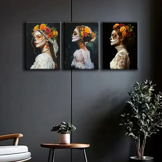 3pcs Featuring Vibrant Floral Dia de los Muertos Designs Metal Print Ready to Hang Art