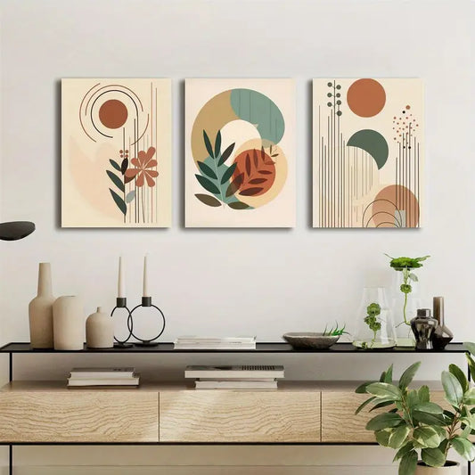 3pcs Bohemian Style Earthy Tones & Floral Motifs Metal Print Ready to Hang Art