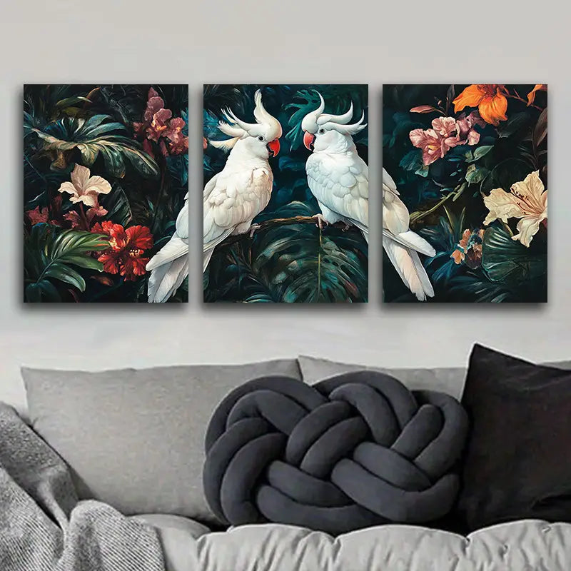 3pcs White Cockatoos & Tropical Flowers Metal Print Ready to Hang Art