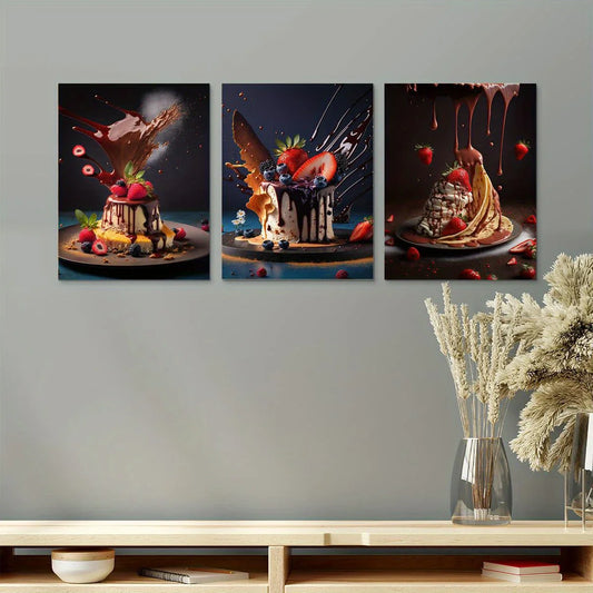 3pcs Berries, Chocolate, Berry, Food, Sweet, Tasty, Dessert Metal Print Ready to Hang Art