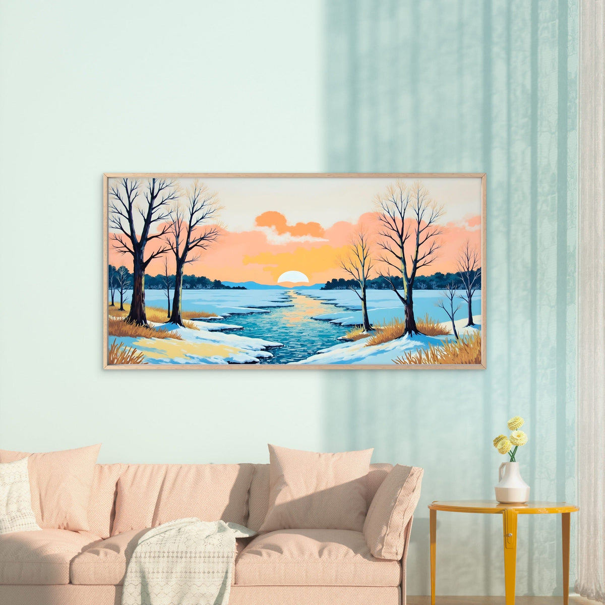 Winter Forest River Scene Wall Art Canvas Office Home Room Framed 80x45cm