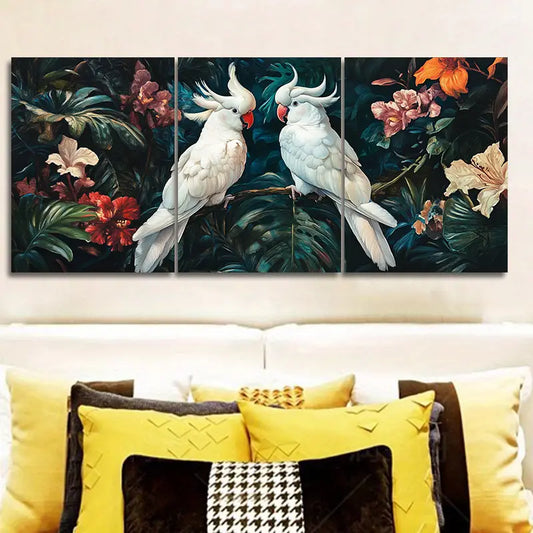 3pcs White Cockatoos & Tropical Flowers Metal Print Ready to Hang Art
