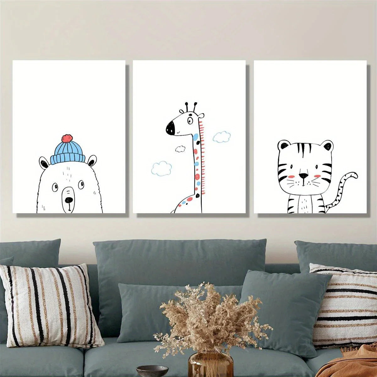 3pcs Adorable Cartoon Bear, Giraffe & Tiger with Hats Metal Print Ready to Hang Art