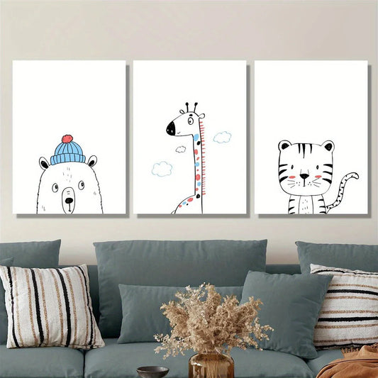 3pcs Adorable Cartoon Bear, Giraffe & Tiger with Hats Metal Print Ready to Hang Art