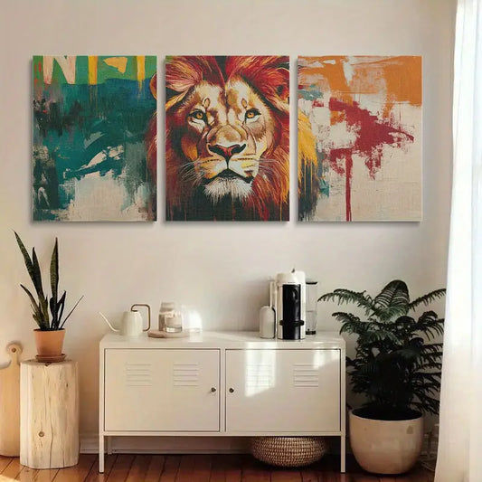 3pcs Vibrant African Lion Colorful Abstract Metal Print Ready to Hang Art
