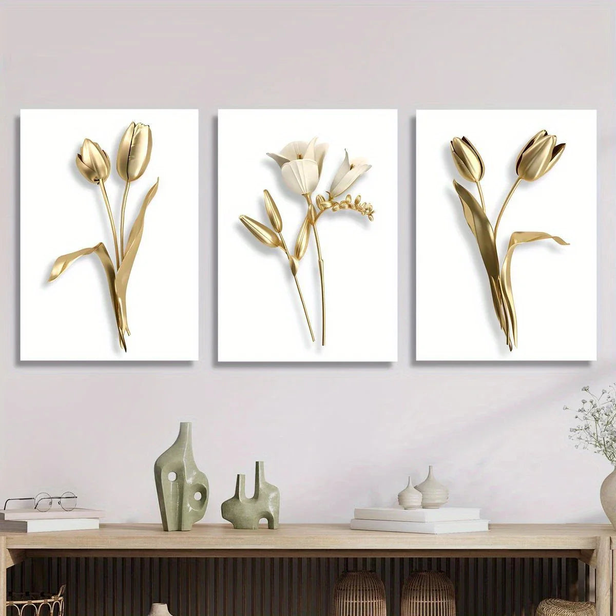 3pcs Modern Minimalist Elegant Flower Design Metal Print Ready to Hang Art