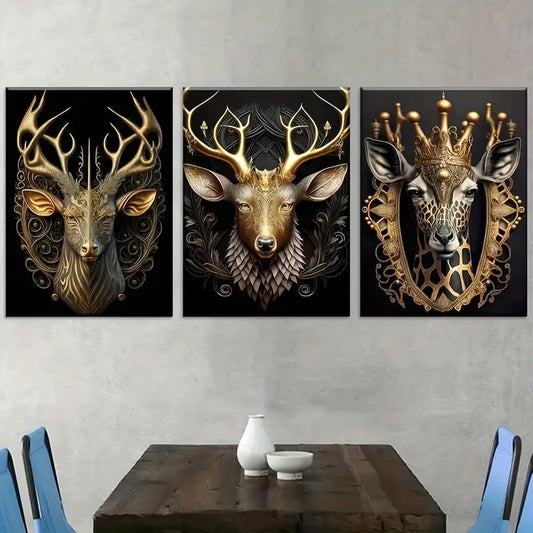 3pcs Golden Light Luxury Style Deer Head Crown Art Wall Art Set Canvas Framed 40x60cm - High Quality Print 100% Australian Made Wall Canvas Ready to Hang