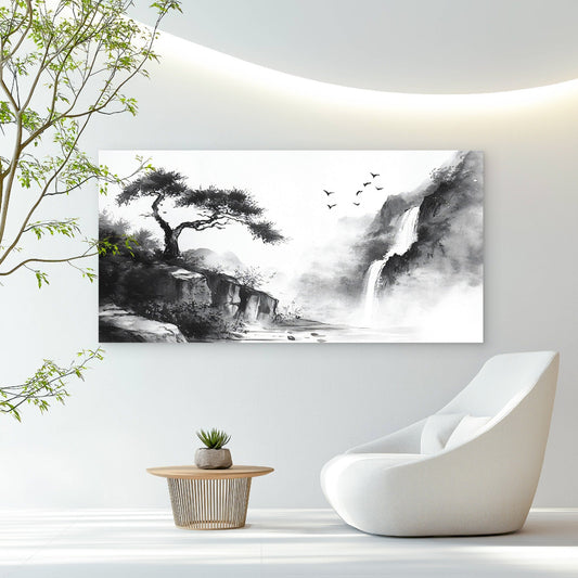 Misty Mountain Waterfall Scene Wall Art Canvas Office Home Room Framed 80x45cm