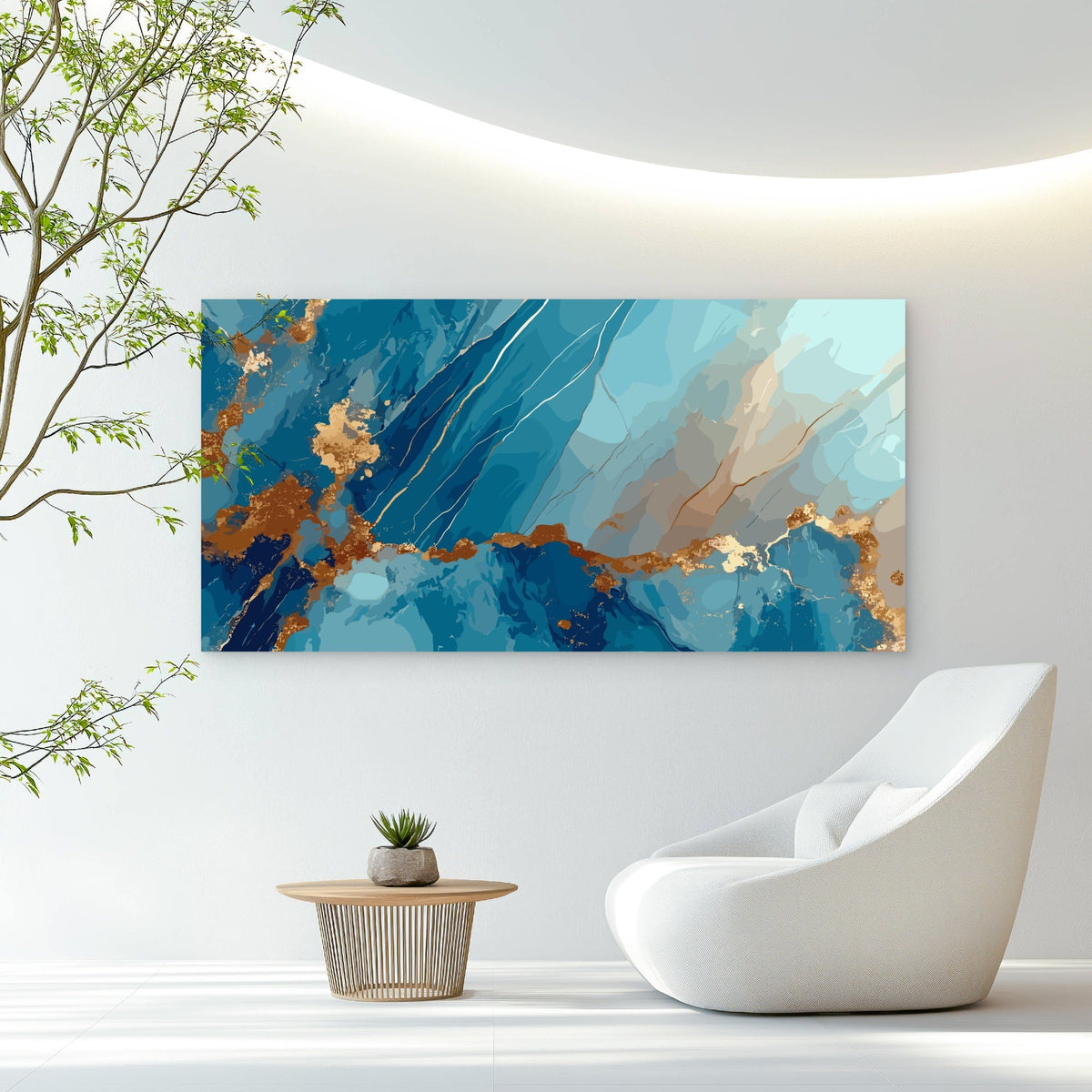 Azure Gilded Marble Fluid Wall Art Canvas Office Home Room Framed 80x45cm