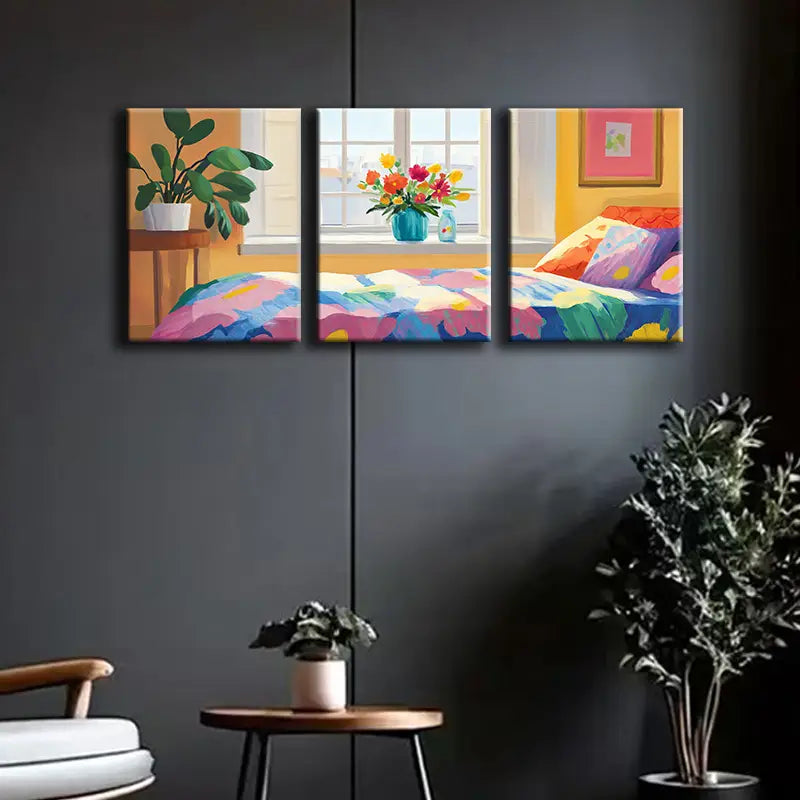 3pcs Bedroom with Window Illustration Metal Print Ready to Hang Art