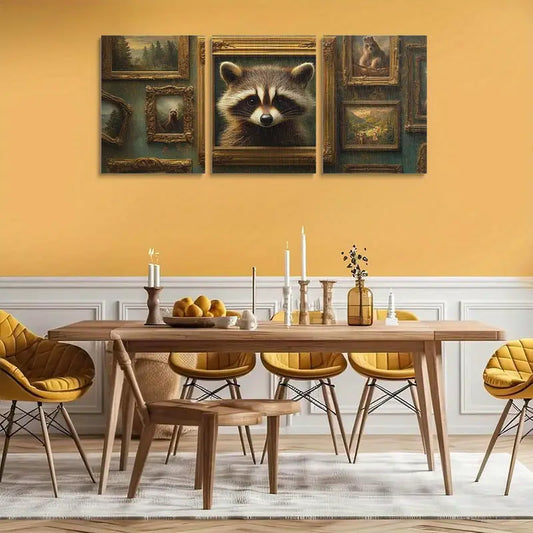 3pcs Adorable Raccoon Golden Accents Classic Design Metal Print Ready to Hang Art