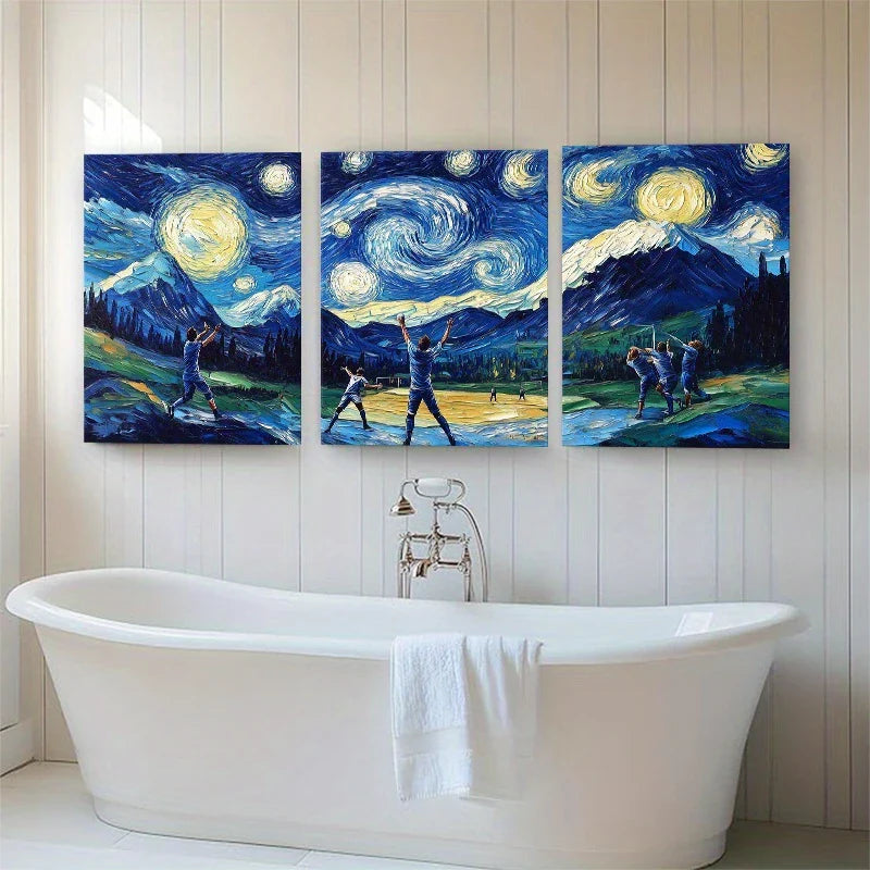 3pcs Baseball Starry Night Van Gogh Style Metal Print Ready to Hang Art