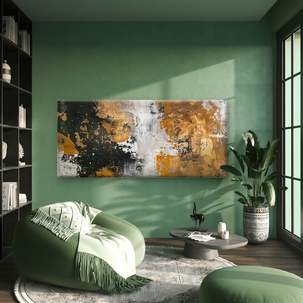 Abstract Black White Golden Wall Art Canvas Office Home Room Framed 80x45cm