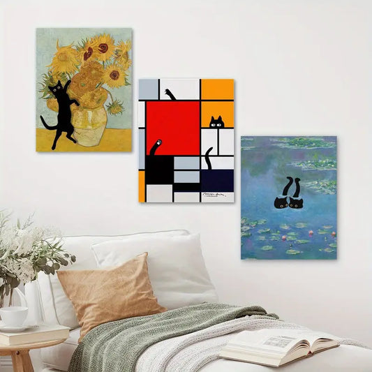 3pcs Featuring a Cat Painting Artistic Essence and Graceful Metal Print Ready to Hang Art