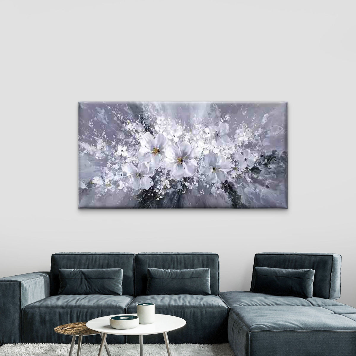 White Flowers Bursting Wall Art Canvas Office Home Room Framed 120x60cm