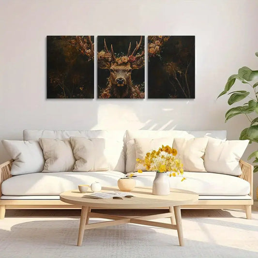 3pcs Majestic Stag and Floral Background Deer Oil Painting Metal Print Ready to Hang Art