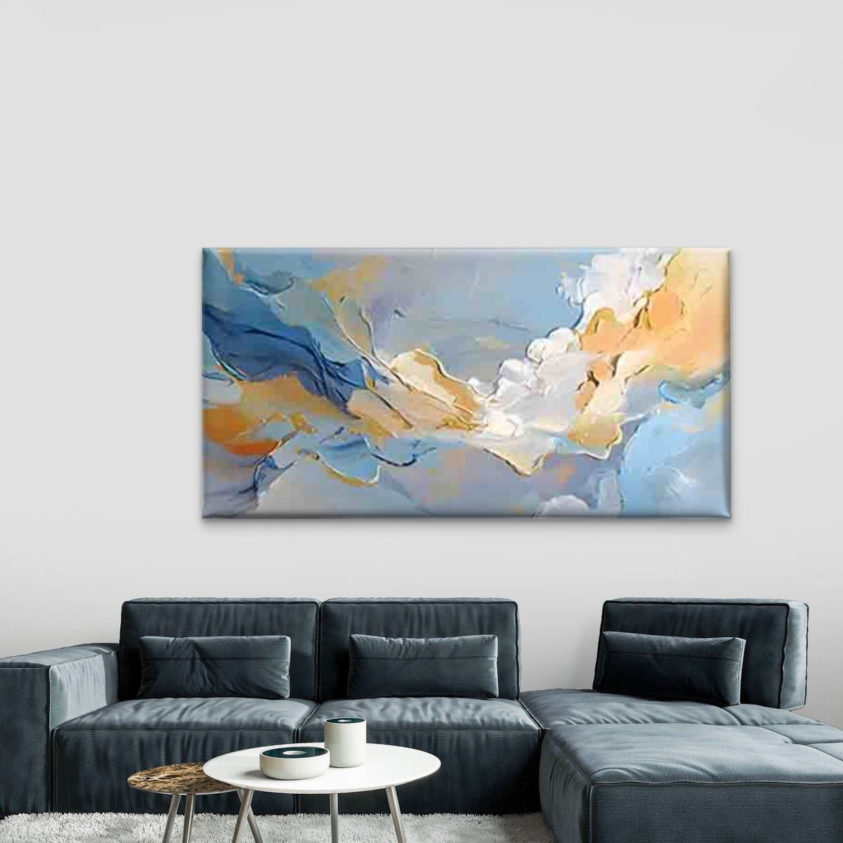 Abstract Pattern in Blue Yellow Wall Art Canvas Office Home Room Framed 80x45cm