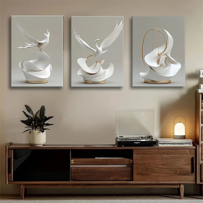 3pcs Stylish White Crane Opulent Abstract Bird Metal Print Ready to Hang Art