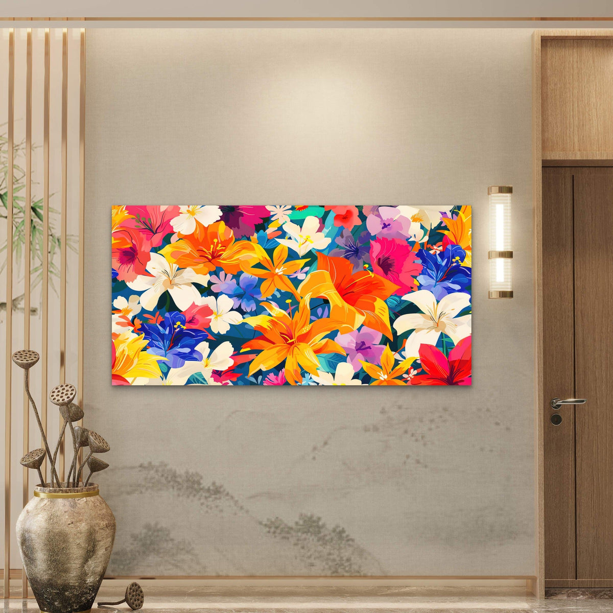 Vibrant Tropical Floral Display Wall Art Canvas Office Home Room Framed 80x45cm