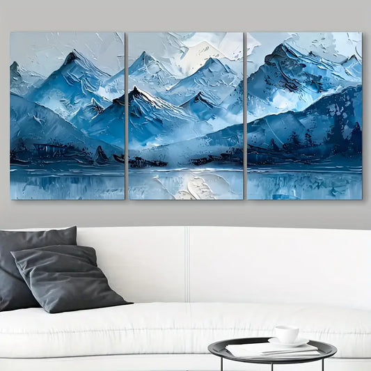 3pcs Watercolor Blue Mountain Painting Metal Print Ready to Hang Art