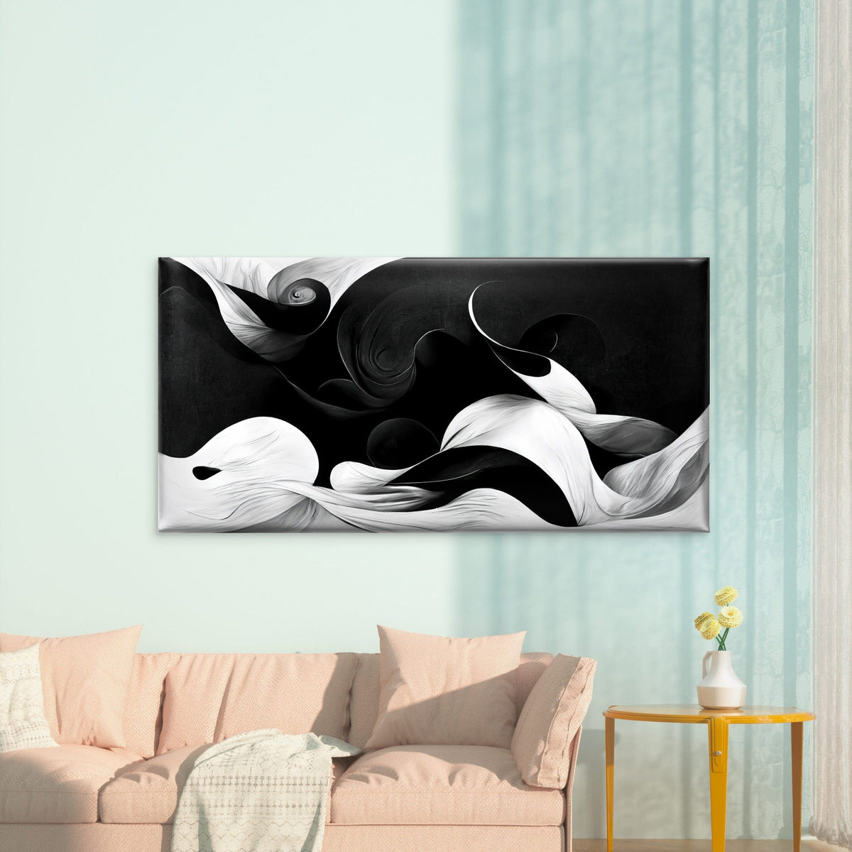 Flowing Black White Abstract Wall Art Canvas Office Home Room Framed 80x45cm