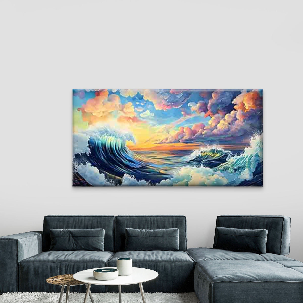 Waves Intertwined with Clouds Wall Art Canvas Office Home Room Framed 80x45cm
