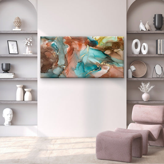 Abstract Teal Brown Gold Fluid Wall Art Canvas Office Home Room Framed 80x45cm