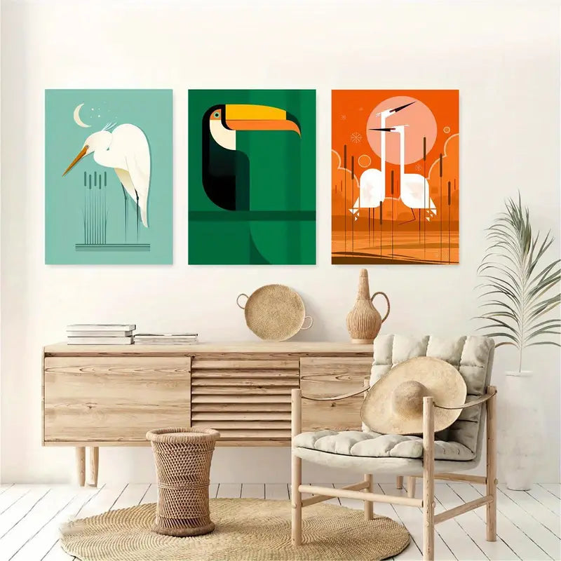 3pcs Cranes Foraging in The Reeds Under The Moon, Fashion Metal Print Ready to Hang Art
