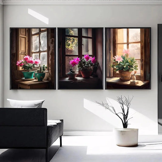 3pcs Cactus Window Vivid Rose Red Flowers Metal Print Ready to Hang Art