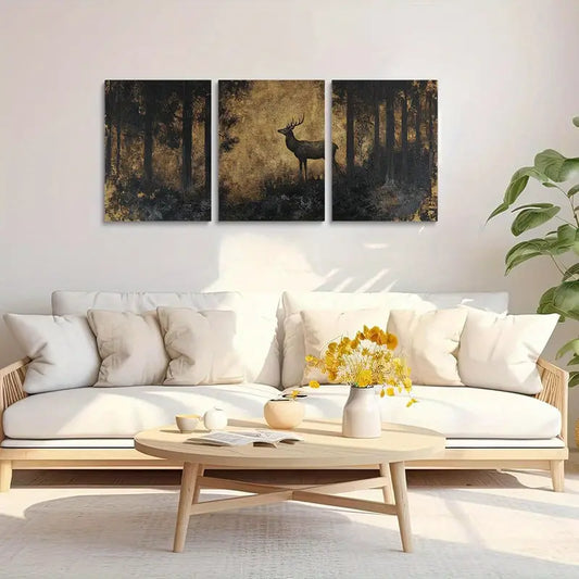 3pcs Nature Scene with Antlered Deer and Misty Ambiance Metal Print Ready to Hang Art