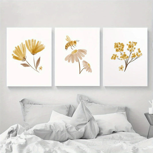 3pcs Watercolor Boho Floral Bee Golden Flowers Metal Print Ready to Hang Art