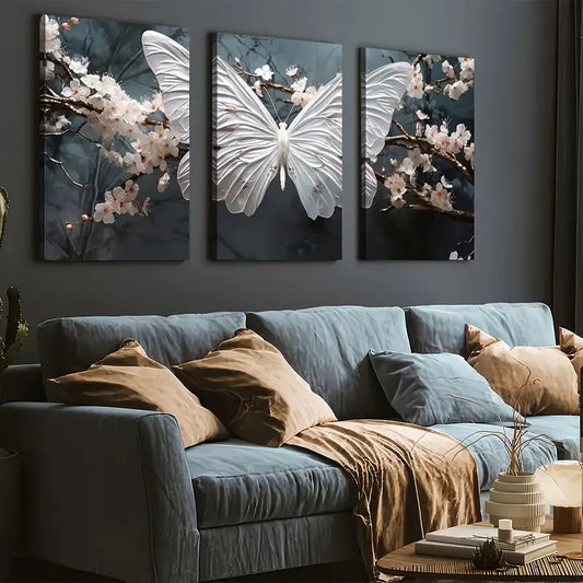 3pcs Modern Wind White Butterfly Flower Animal Wall Art Set Canvas Framed 40x60cm - High Quality Print 100% Australian Made Wall Canvas Ready to Hang